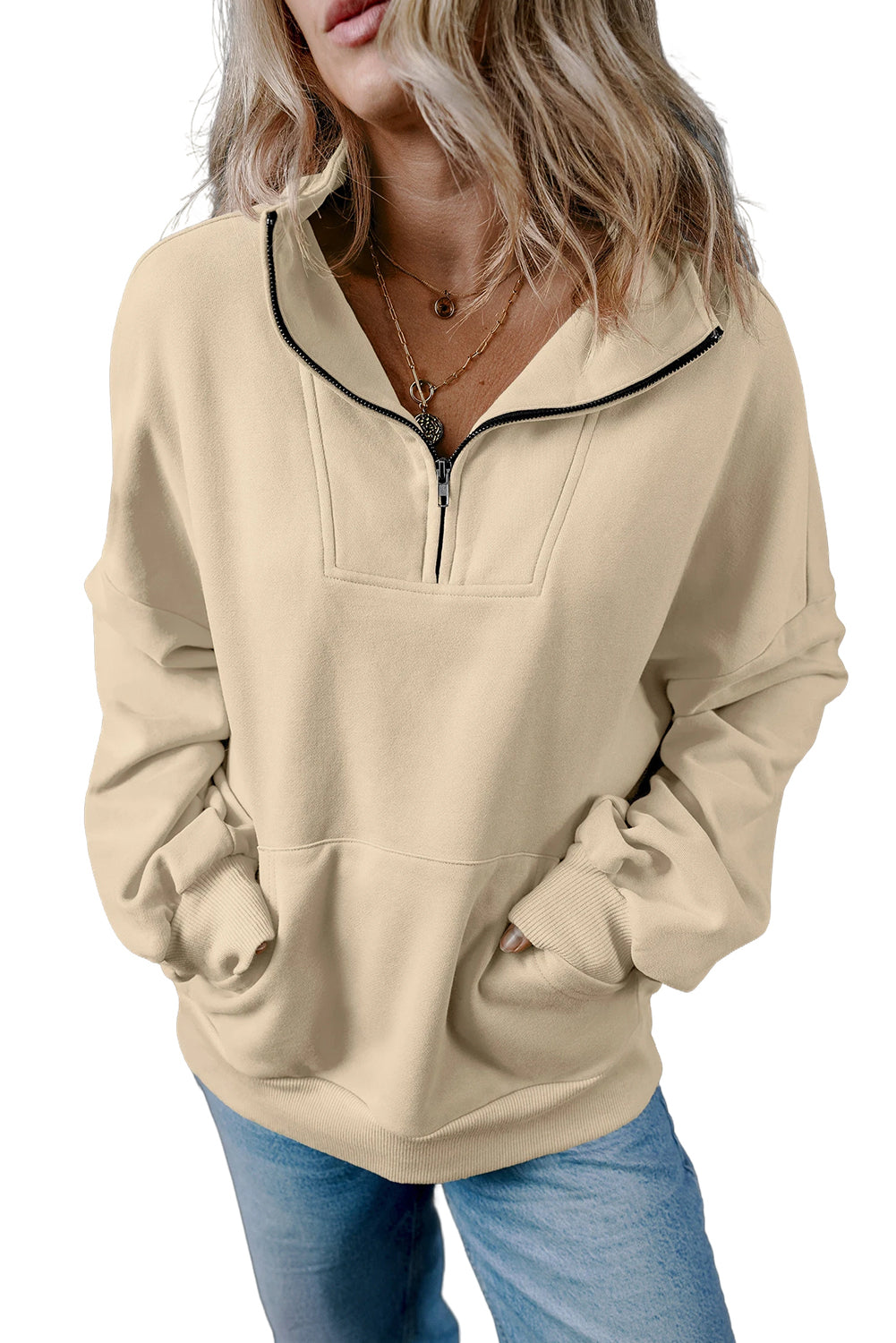 Black Zip-up Stand Neck Kangaroo Pocket Sweatshirt