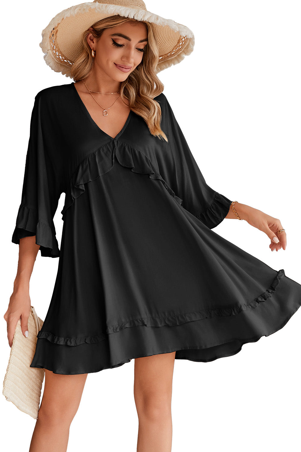 Black Ruffled 3/4 Sleeve V Neck Babydoll Short Dress