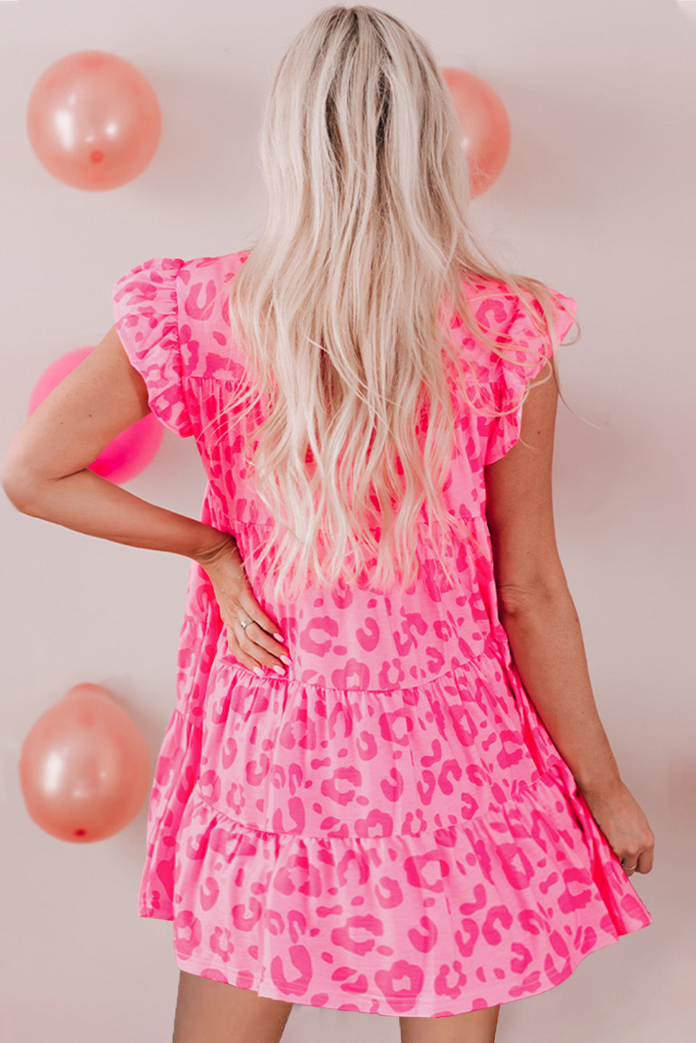 Pink Leopard Round Neck Ruffle Tiered Mini Dress