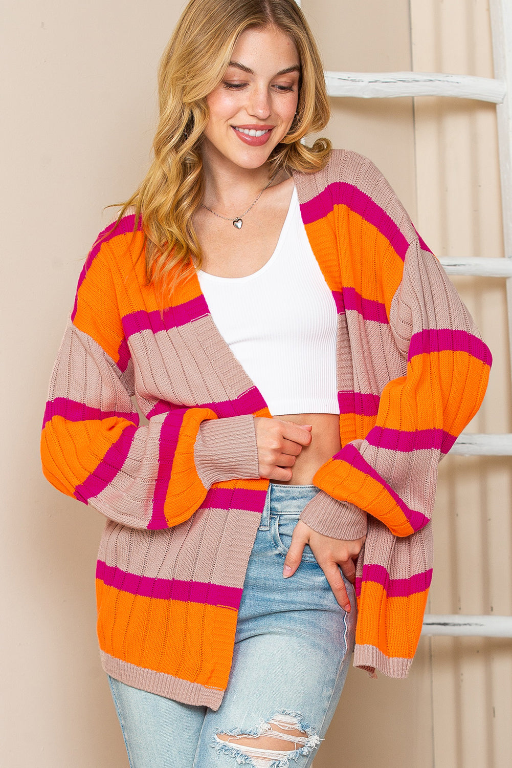 Orange Stripe Print Ribbed Knit Sweater Cardigan