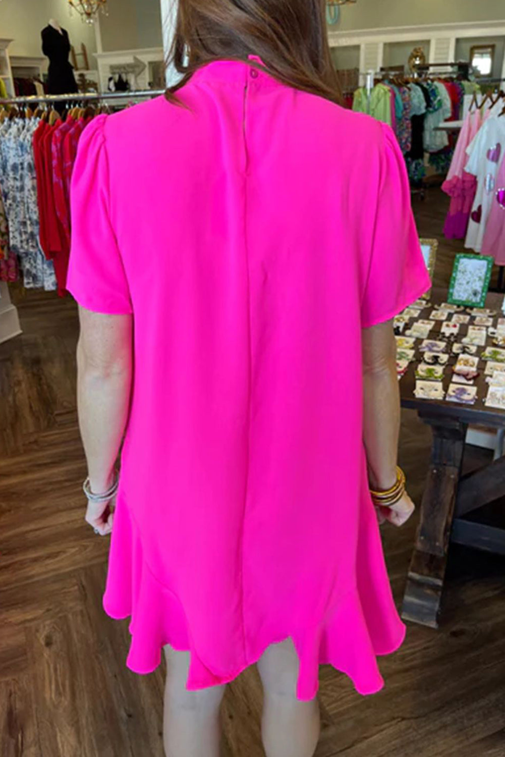 Bright Pink Tie Neck Ruffle Hem Mini Dress