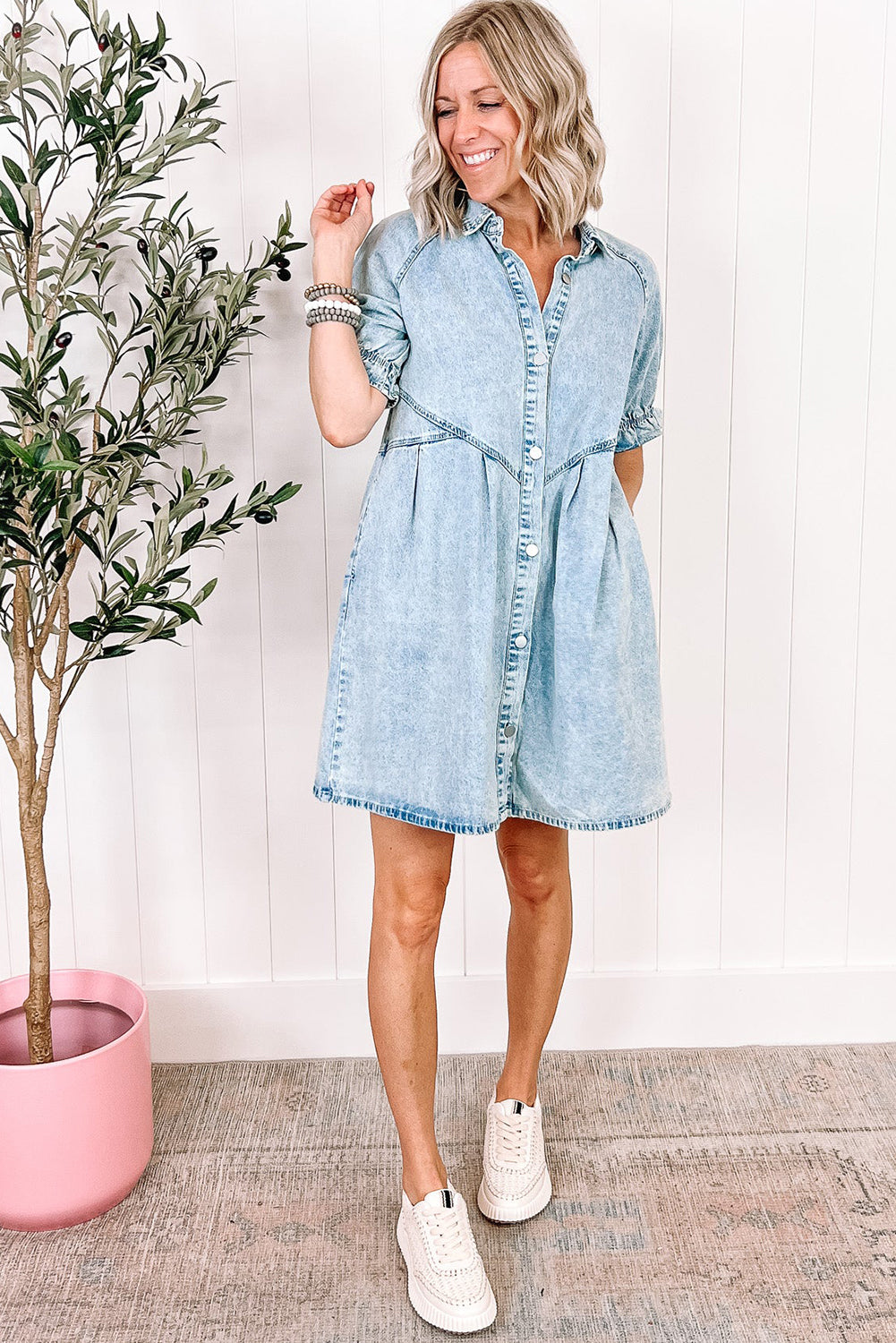 Medium Grey Mineral Washed Ruffled Short Sleeve Pocketed Denim Dress