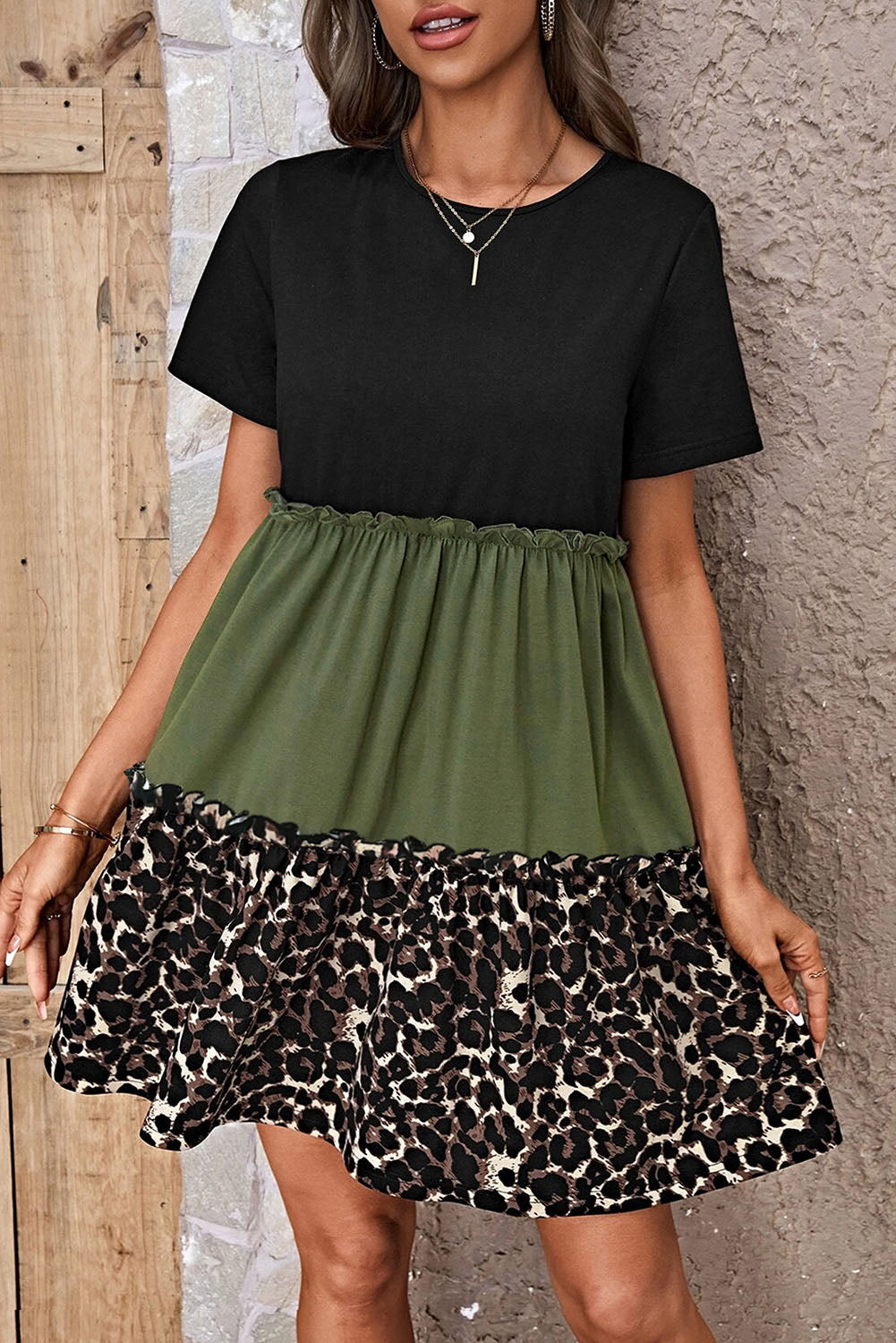 Jungle Green Leopard Print Colorblock Frill Trim T Shirt Dress