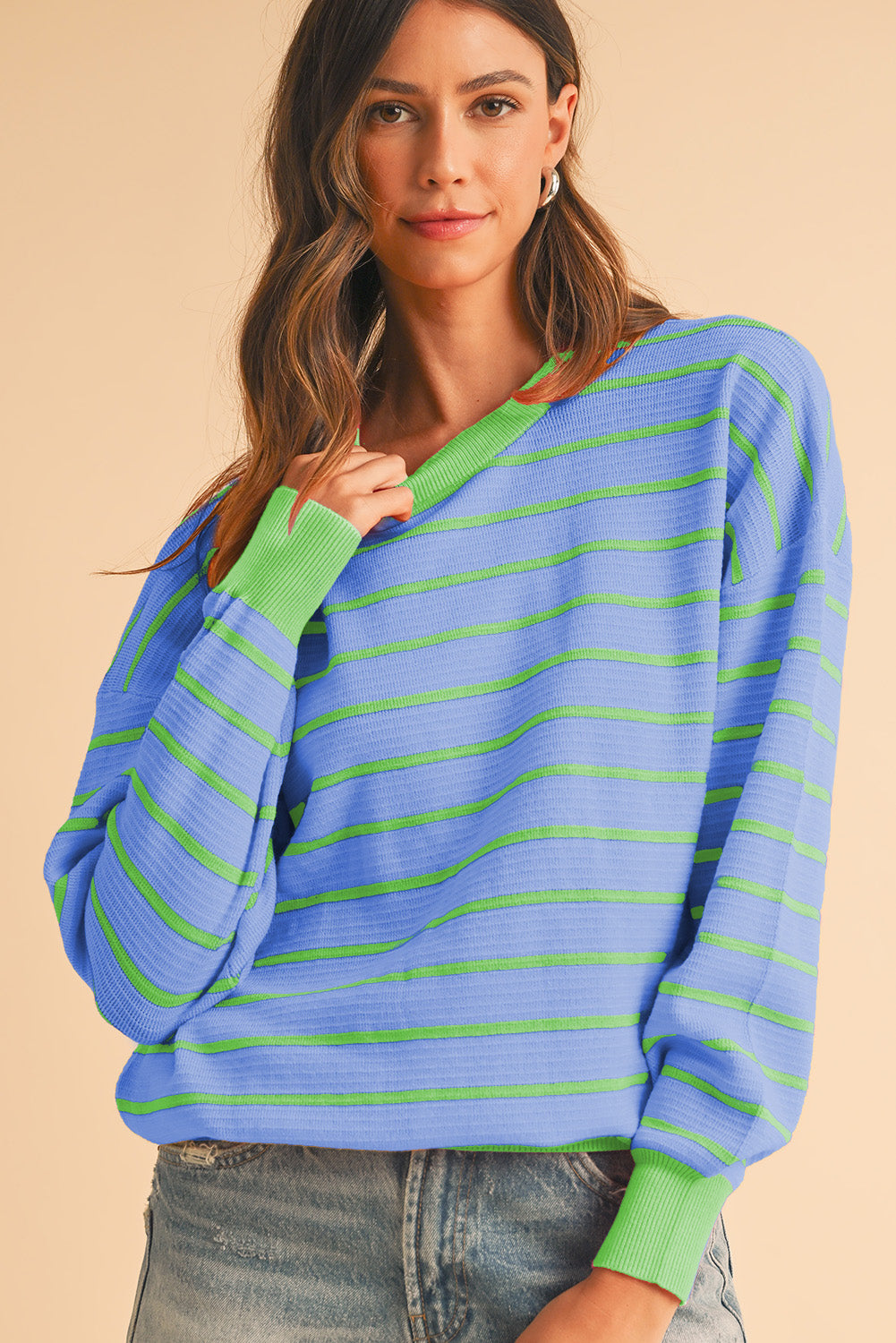 Sky Blue Stripe Round Neck Drop Shoulder Loose Sweater