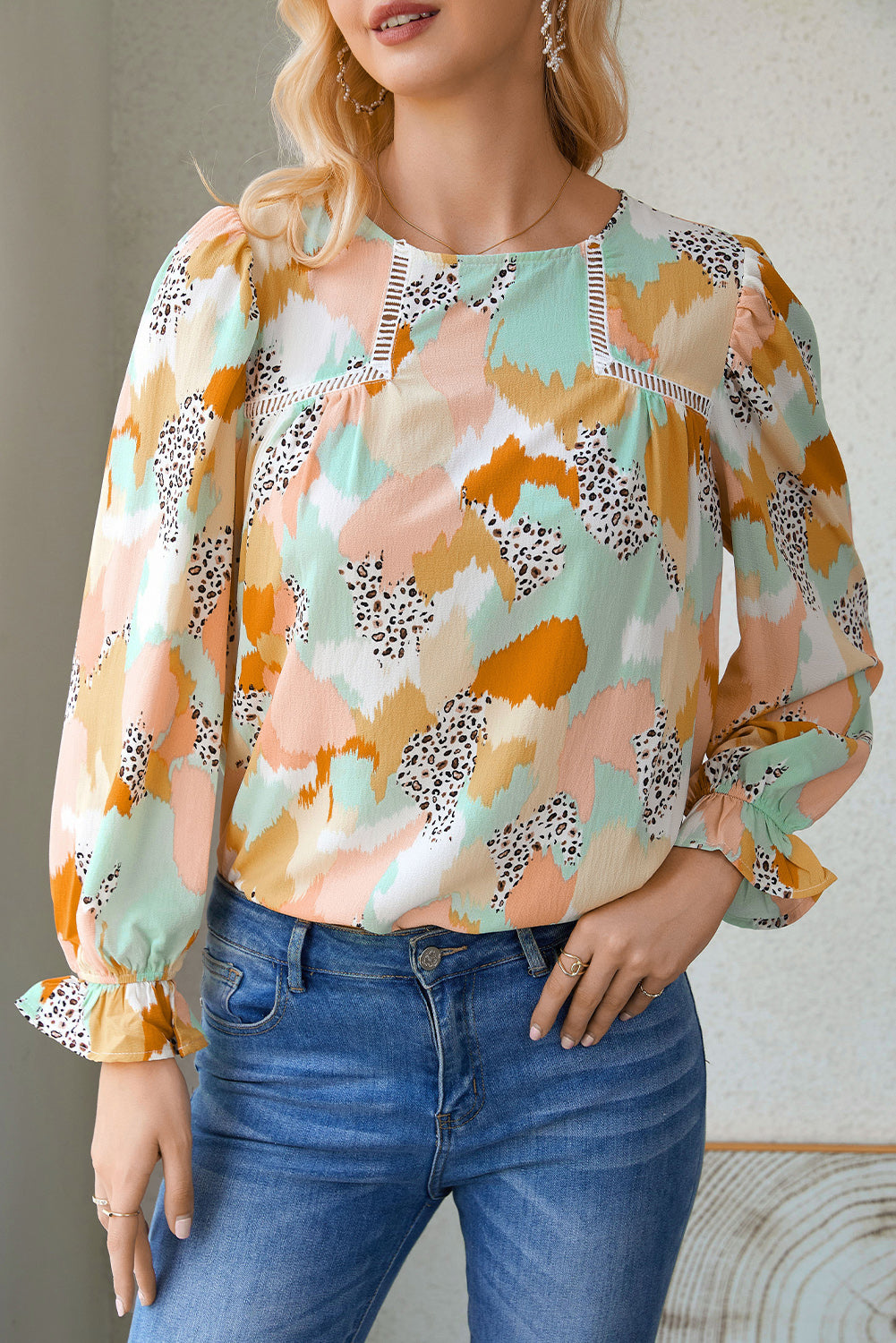 Multicolor Abstract Bohemian Puff Sleeve Blouse