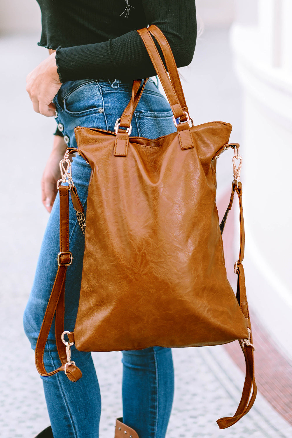 Chestnut Vintage Leopard Strap Zipper Backpack