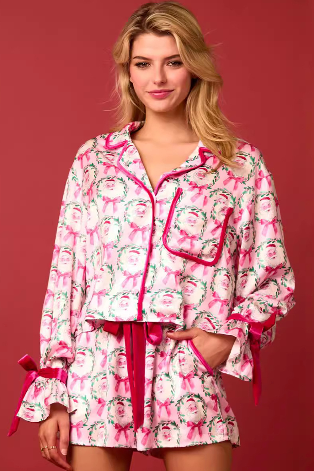 Rose Red Santa Claus Velvet Bow Long Sleeve Satin Loungewear Set