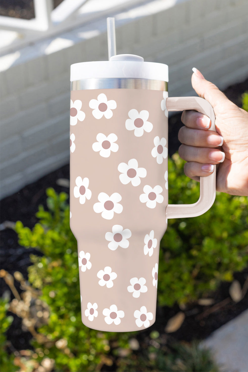 Black Floret Print Stainless Tumbler With Lid And Straw