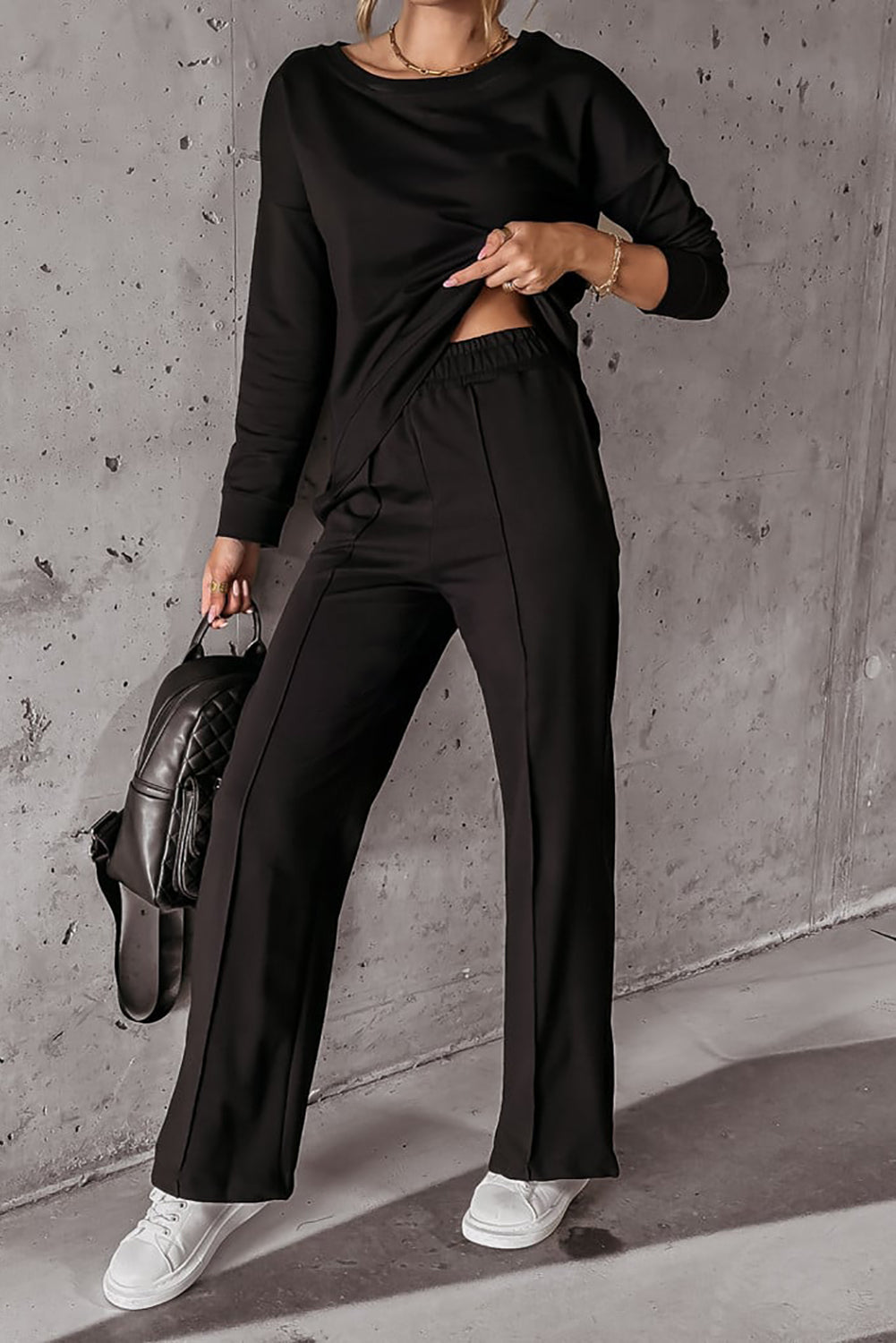 Black Solid Pullover And Seamed Casual Pants Set