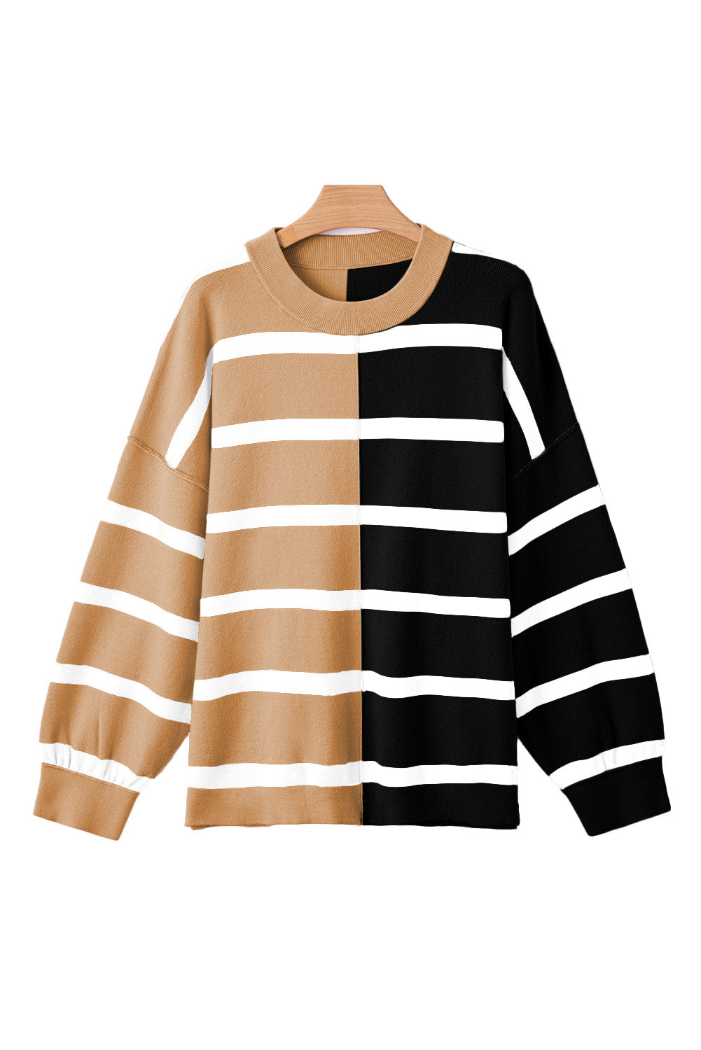 Light Beige Striped Colorblock Drop Shoulder Sweater