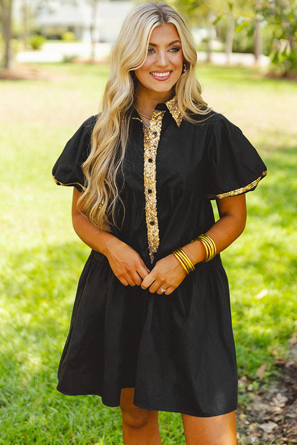 Black Sequin Trim Bubble Sleeve Tiered Mini Dress