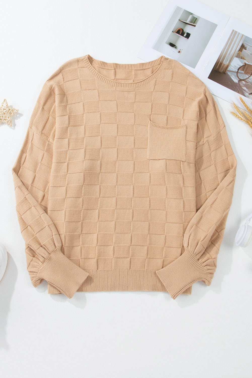 Rose Tan Solid Checkered Textured Knit Plus Size Sweater