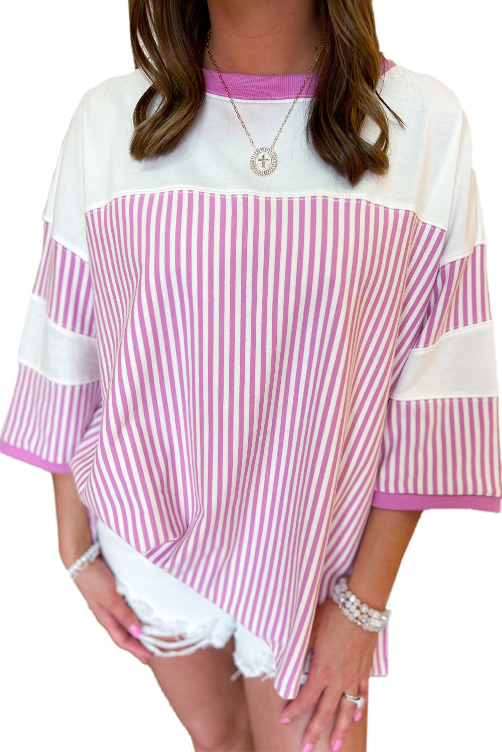 Pink Stripe Patchwork Bracelet Sleeve Plus Size T Shirt