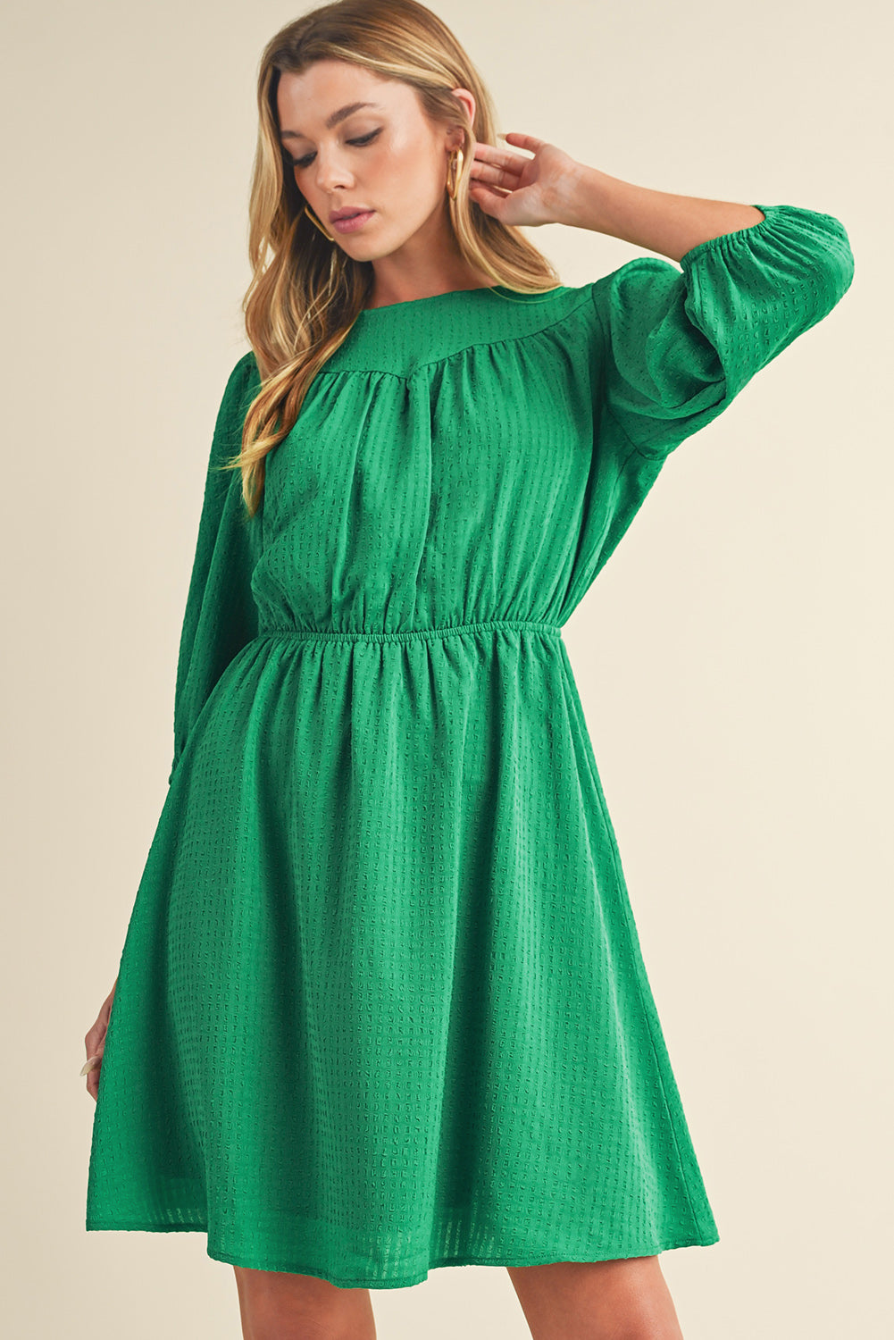 Dark Green Solid Color Round Neck Puff Sleeve Mini Dress