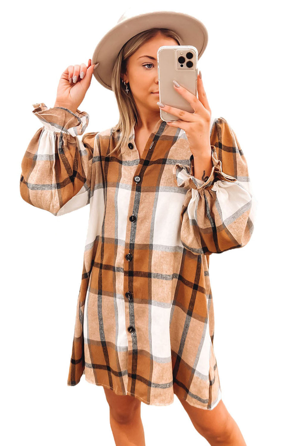 Brown Plaid Collared Ruffle Sleeve Button Up Shirt Dress