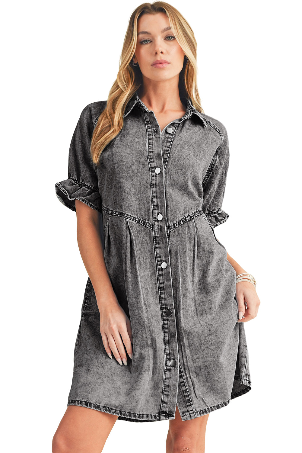 Medium Grey Mineral Washed Ruffled Short Sleeve Pocketed Denim Dress