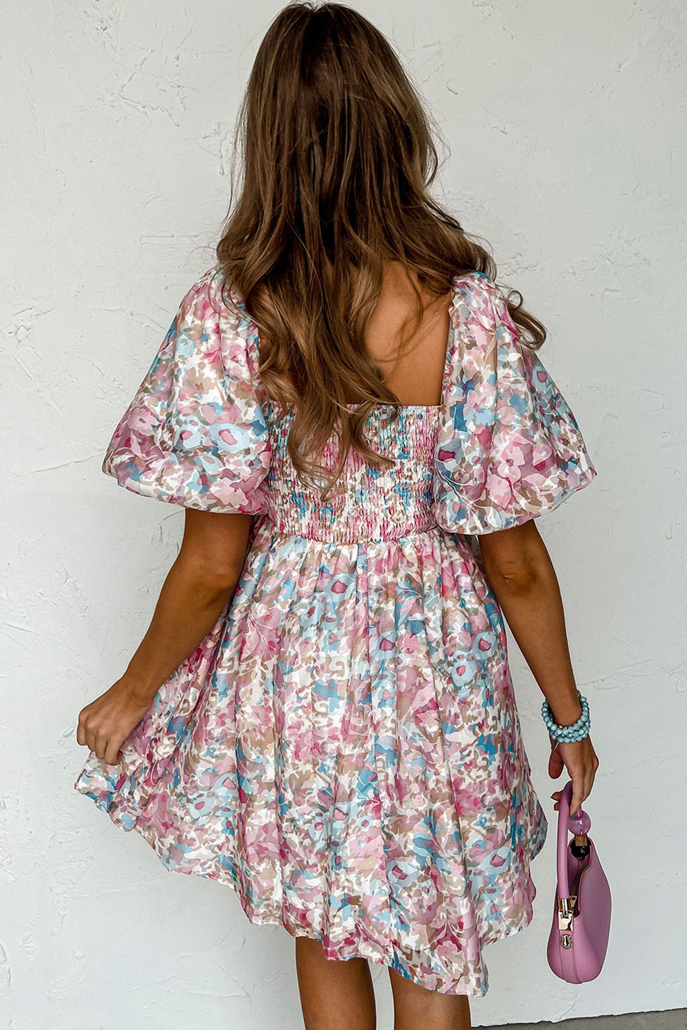 Pink Floral Lantern Sleeve Square Neck Ruffled Mini Dress