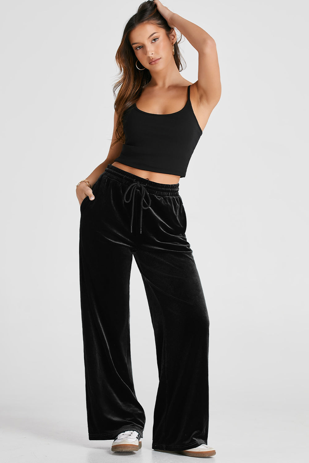 Black Solid Drawstring Waist Wide Leg Pants