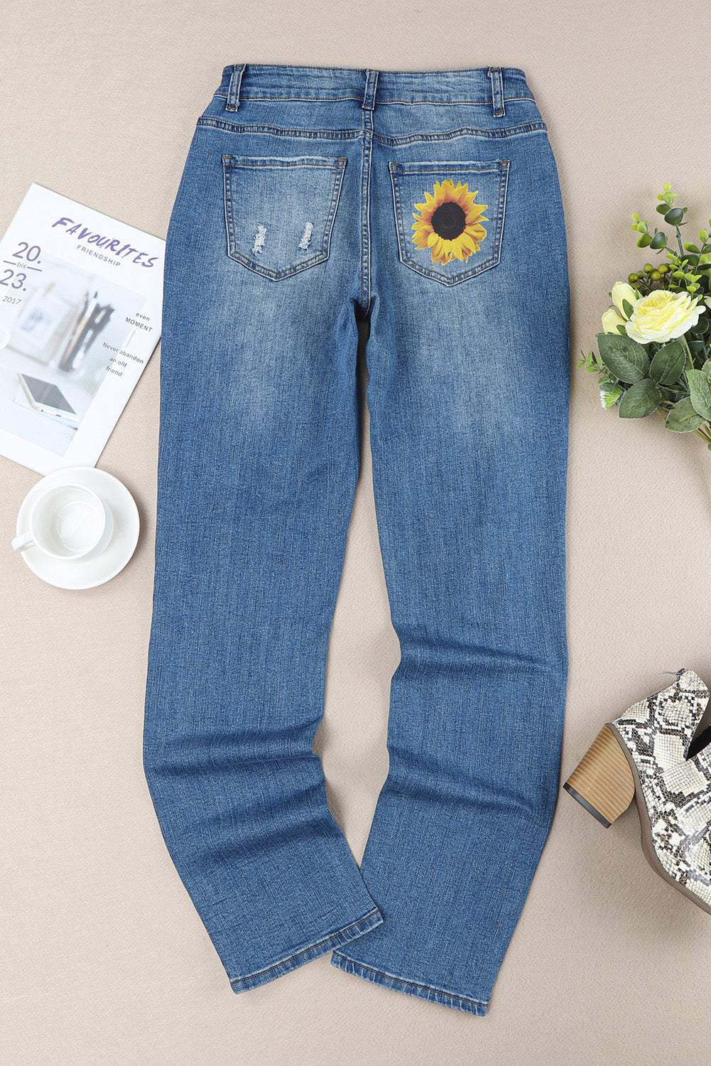 Blue Sunflower Print Ripped Mid Rise Straight Leg Graphic Jeans