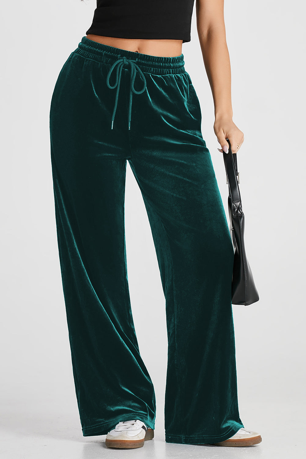 Black Solid Drawstring Waist Wide Leg Pants