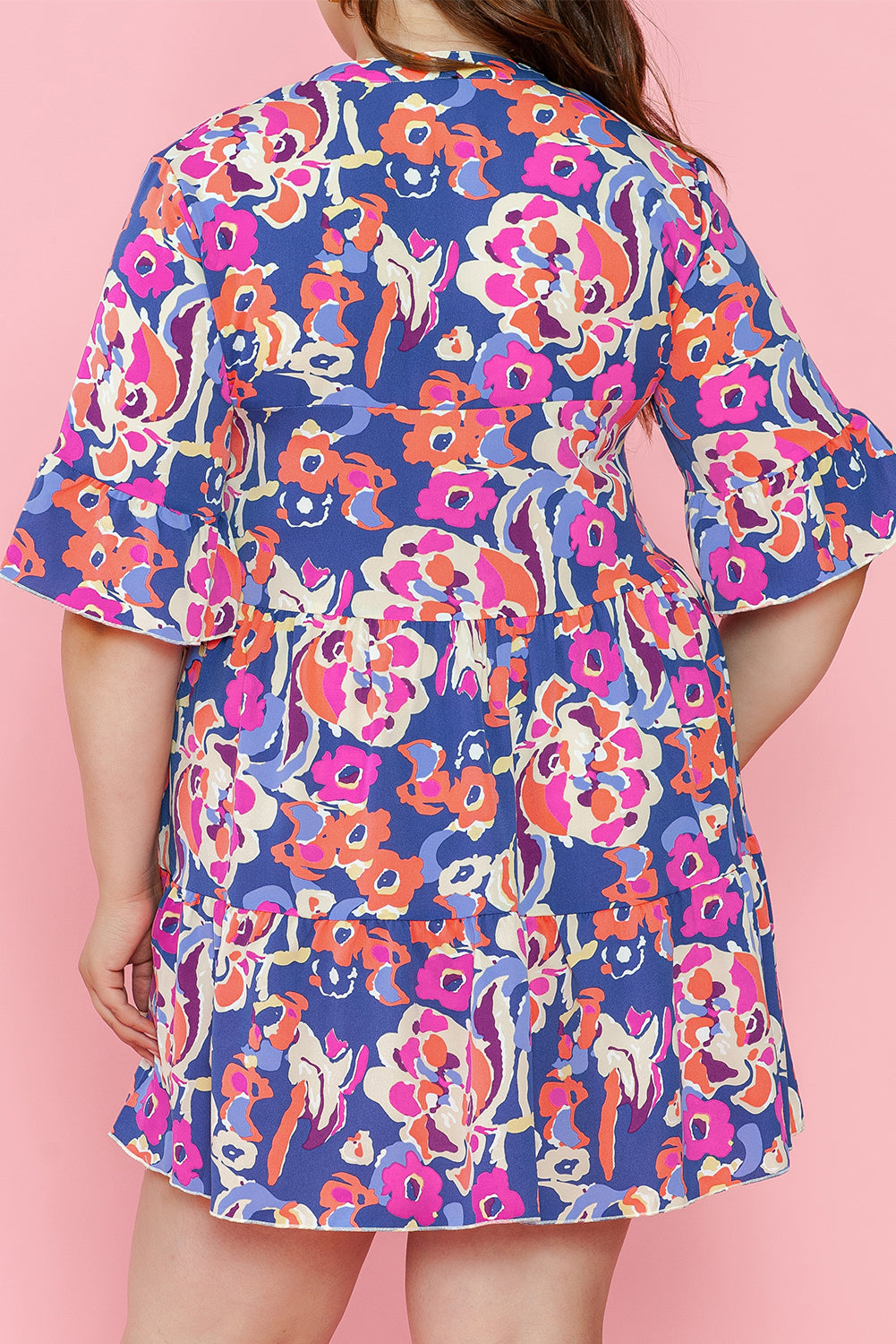 Blue Plus Size Floral Print Bell Sleeve Mini Dress