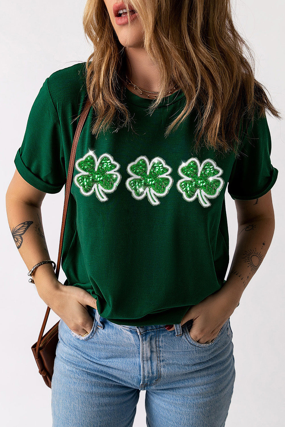 Green St Patrick Clover Patch Sequin Graphic T Shirt