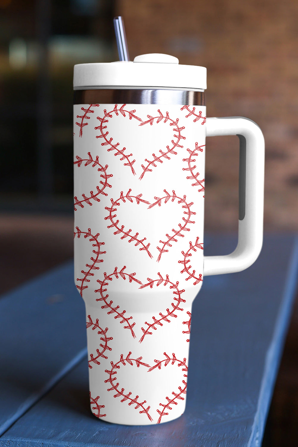 White Heart Baseball Print Stainless Thermos Cup with Handle