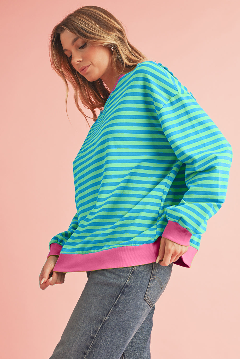 Sky Blue Stripe Contrast Edge Oversized Pullover