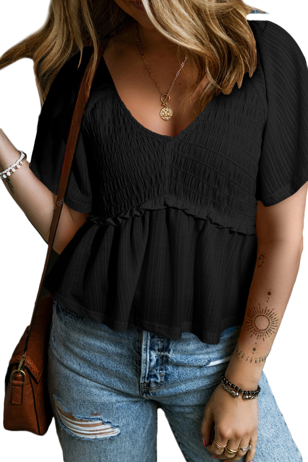 Black Shirred V Neck Short Flutter Sleeve Textured Blouse