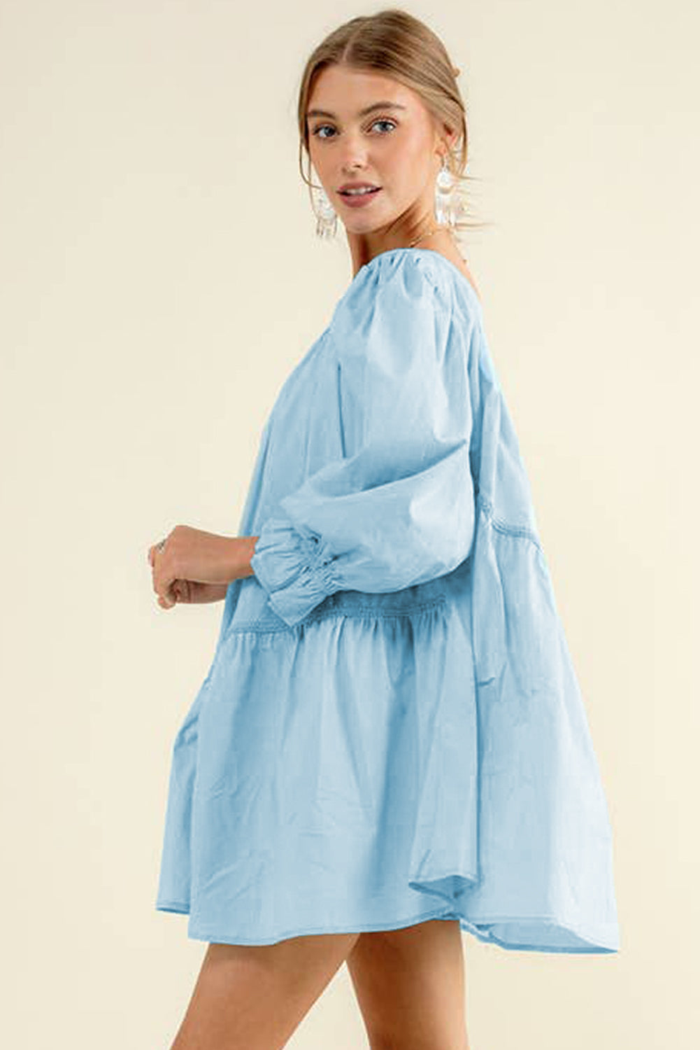 Sky Blue Puff Sleeve Asymmetric Pleated Flowy Mini Dress