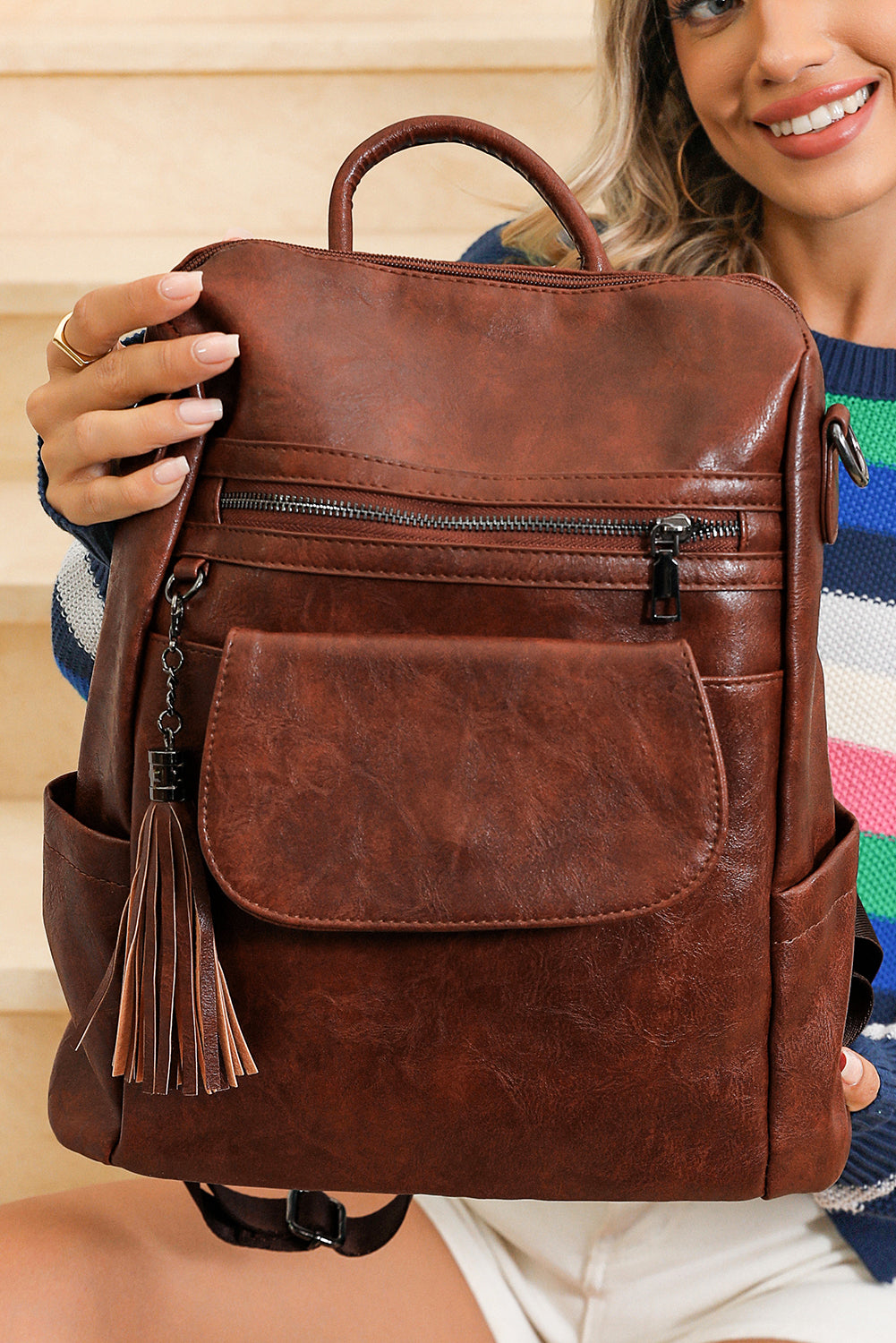 Dark Brown Tassel Decor Retro PU Large Capacity Backpack