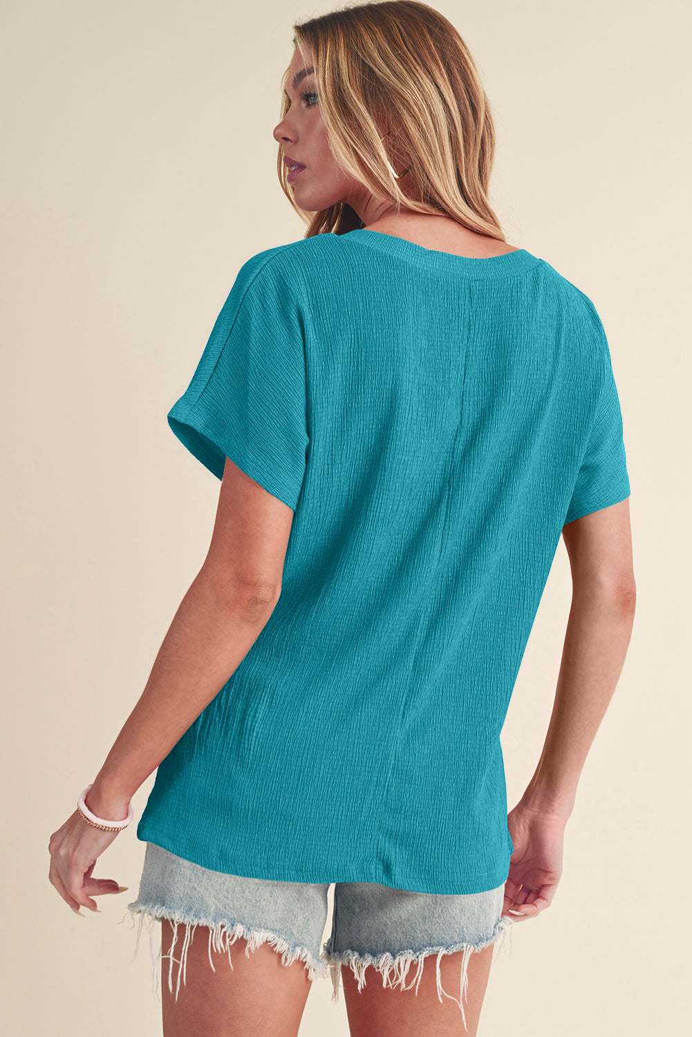 Blue Plain Crinkled V Neck Flounce Sleeve Blouse