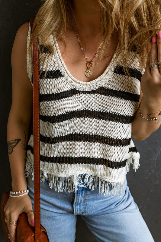 Beige Striped U Neck Fringe Hem Knit Vest