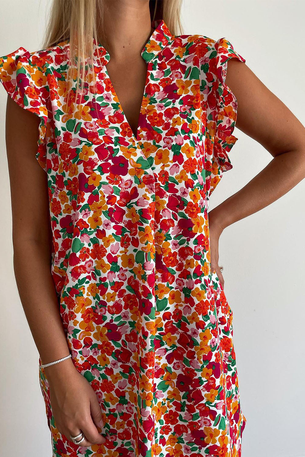 Red Boho Ruffle Sleeveless V-Neck Floral Short Dress