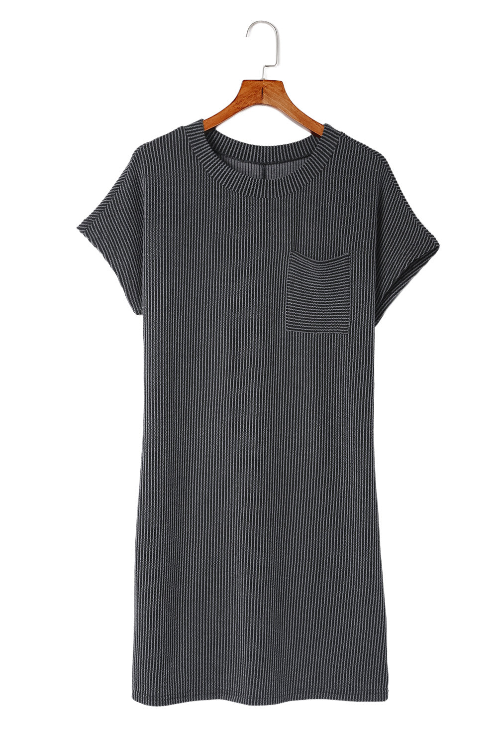 Grey Ribbed Short Sleeve Chest Pocket Casual T Shirt Dress