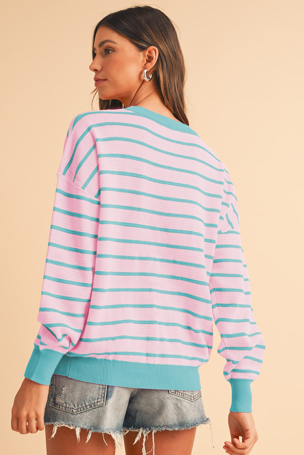 Sky Blue Stripe Round Neck Drop Shoulder Loose Sweater