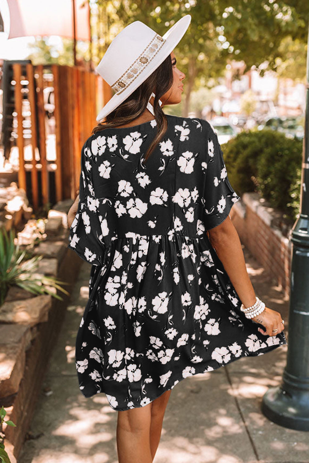 Khaki Floral Print V Neck Empire Waist Dress with Pockets