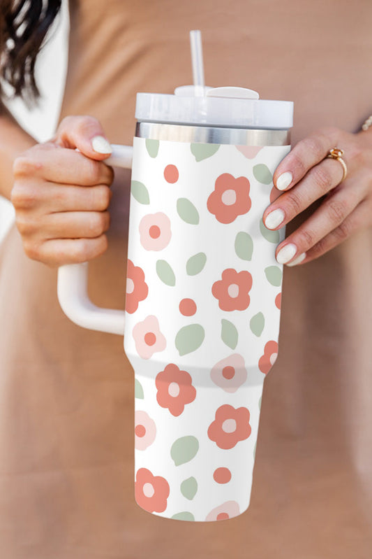 White Floral Print Stainless Large Portable Cup 1200ml