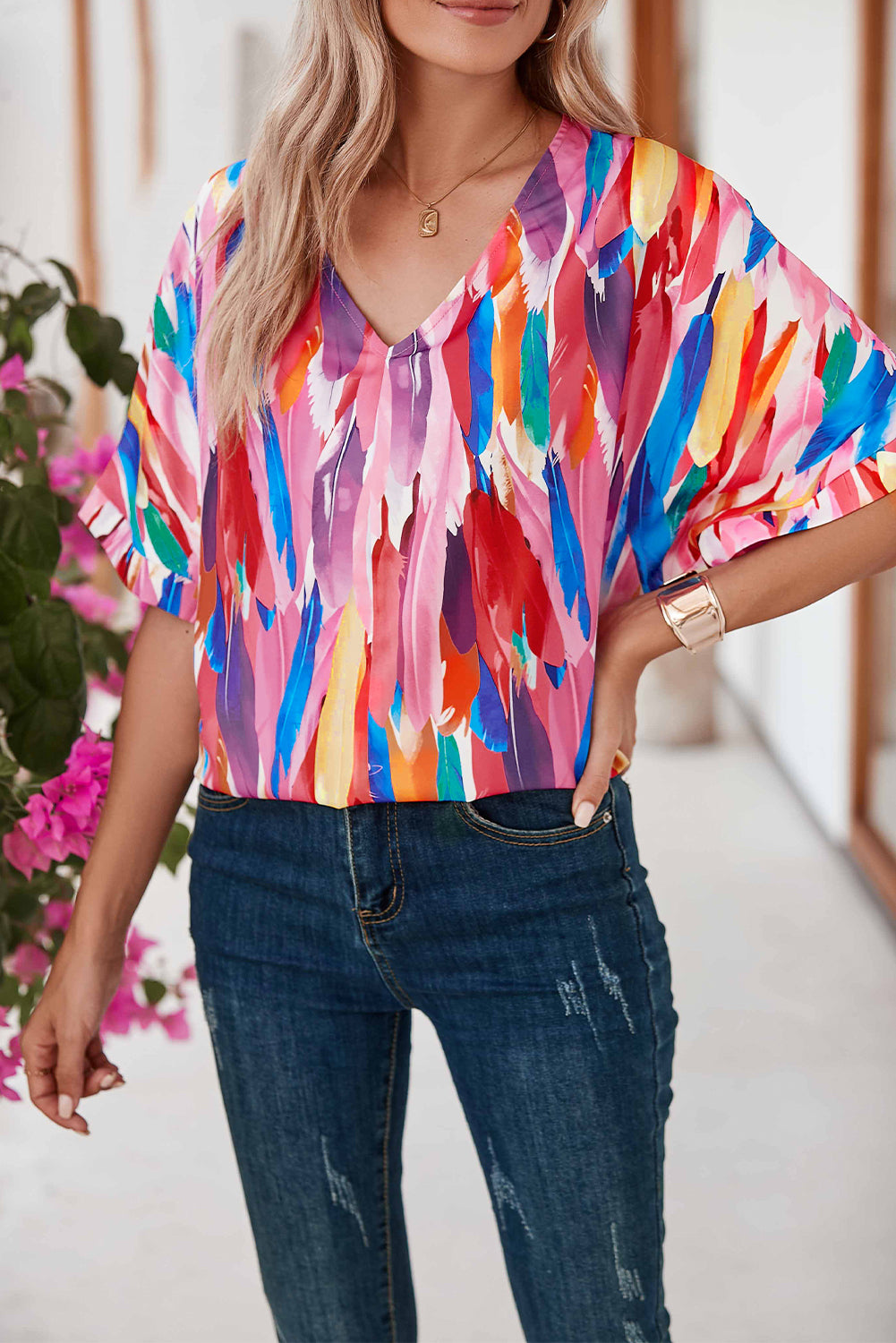 Multicolor Watercolor Abstract Print V Neck Blouse