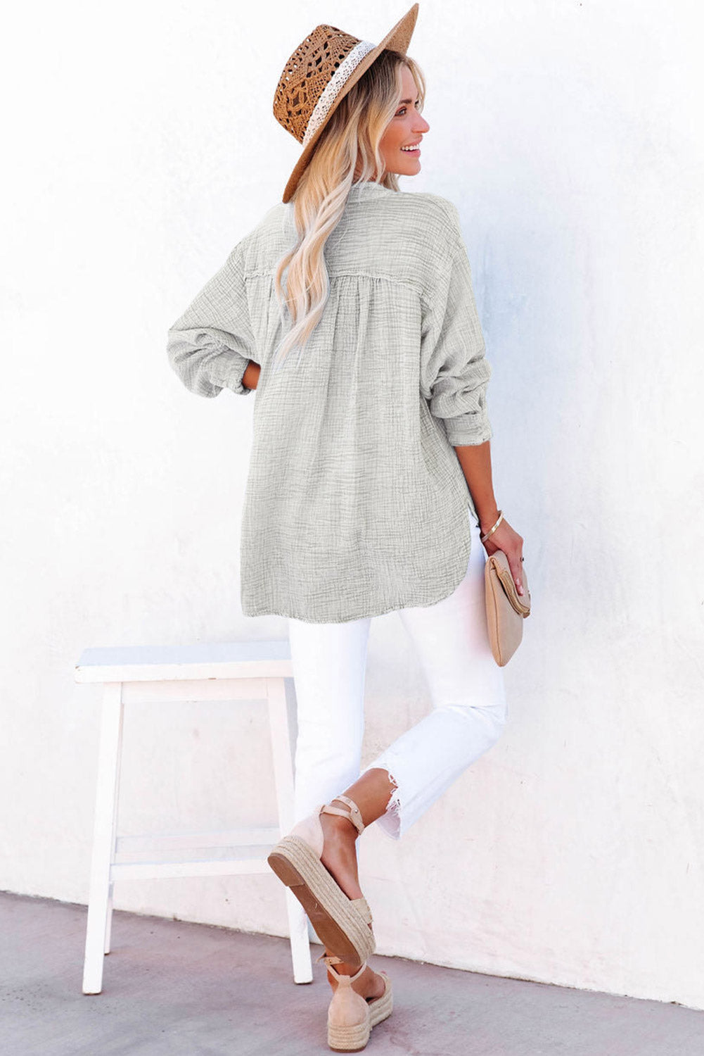 Sky Blue Loose Crinkle Button V Neck Henley Top