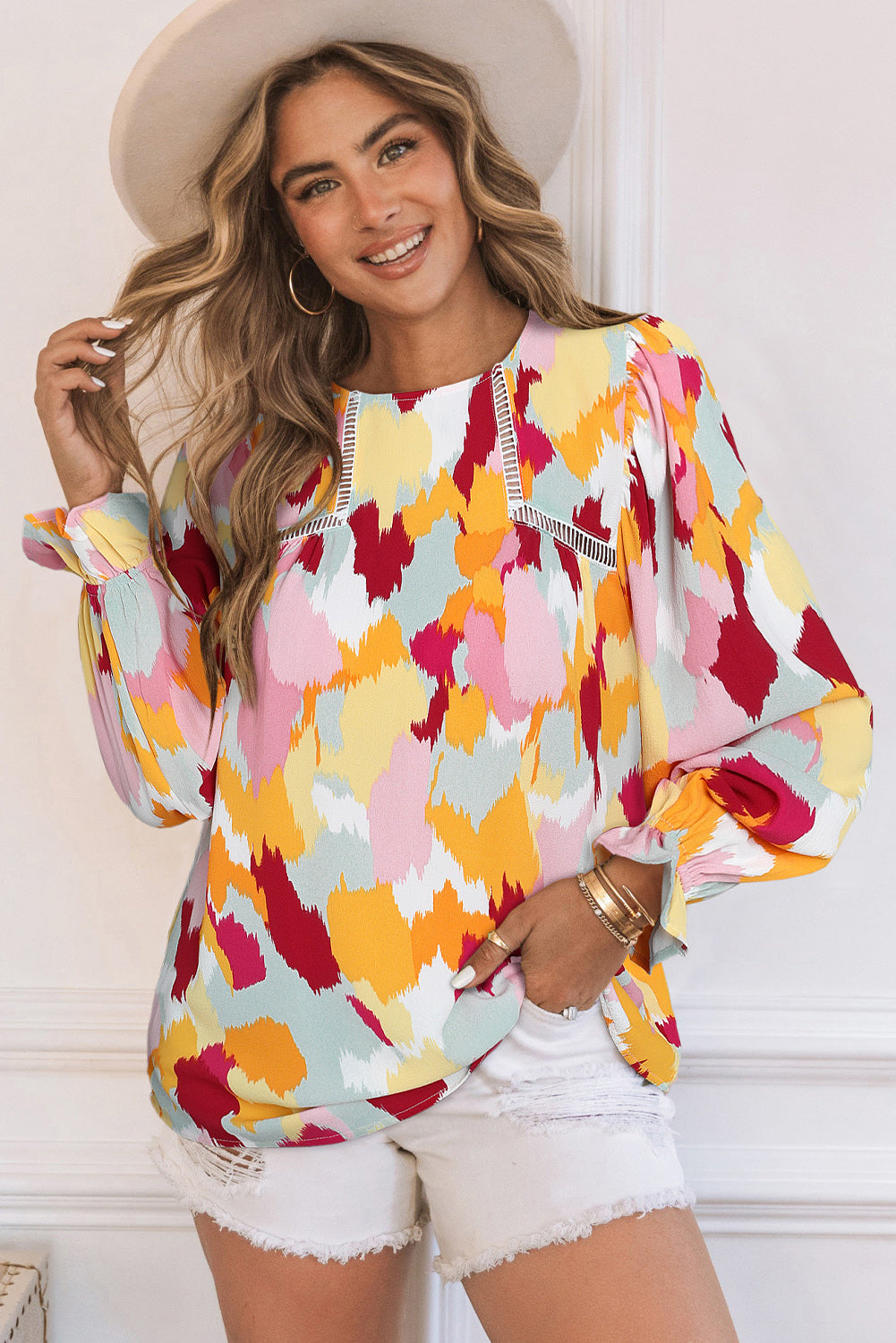 Multicolor Abstract Bohemian Puff Sleeve Blouse