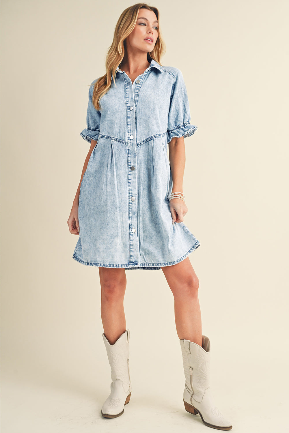 Medium Grey Mineral Washed Ruffled Short Sleeve Pocketed Denim Dress