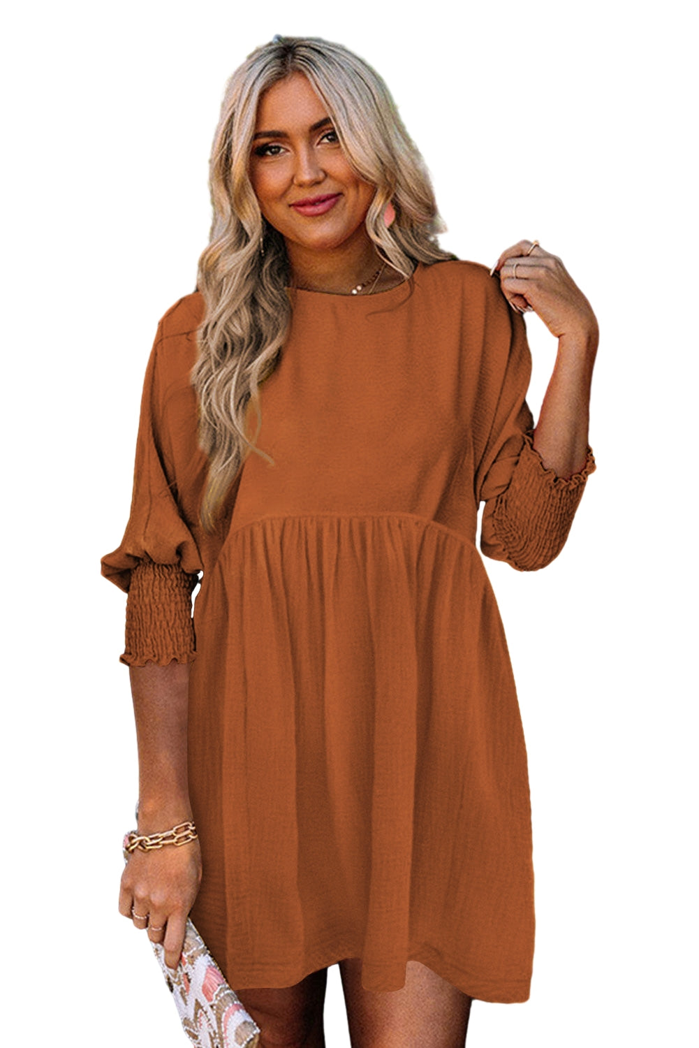 Chestnut Plain Shirred Cuffs Babydoll Mini Dress