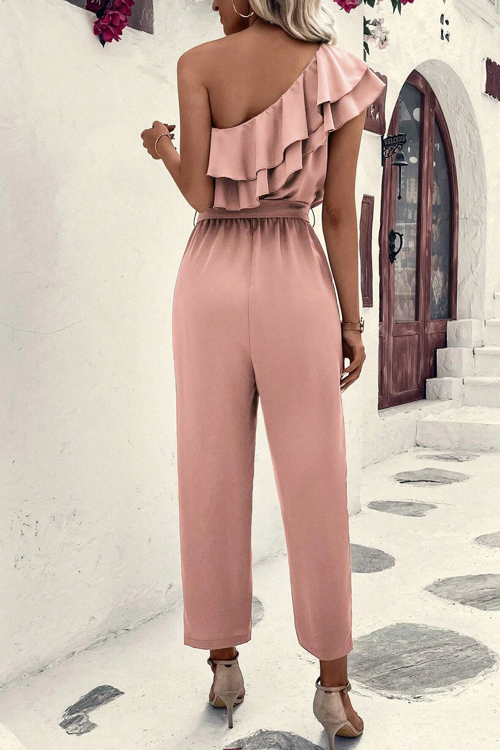 Dusty Pink Asymmetric Shoulder Ruffle Trim Belted Jumpsuit