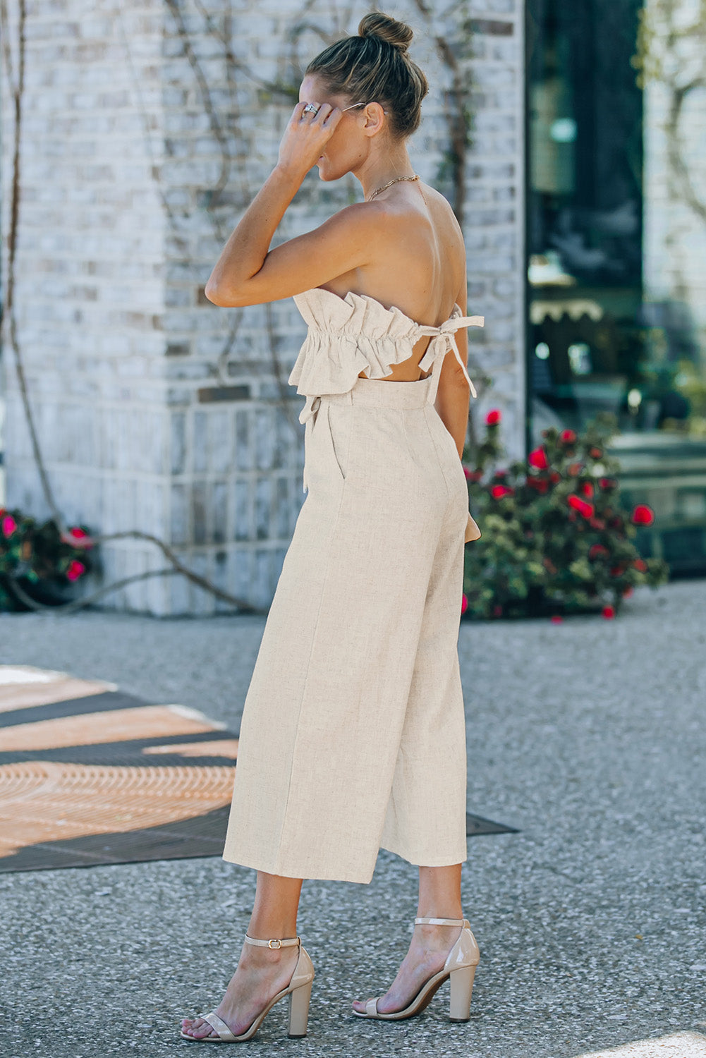 Beige Elegant Ruffled Strapless Wide Leg Jumpsuit