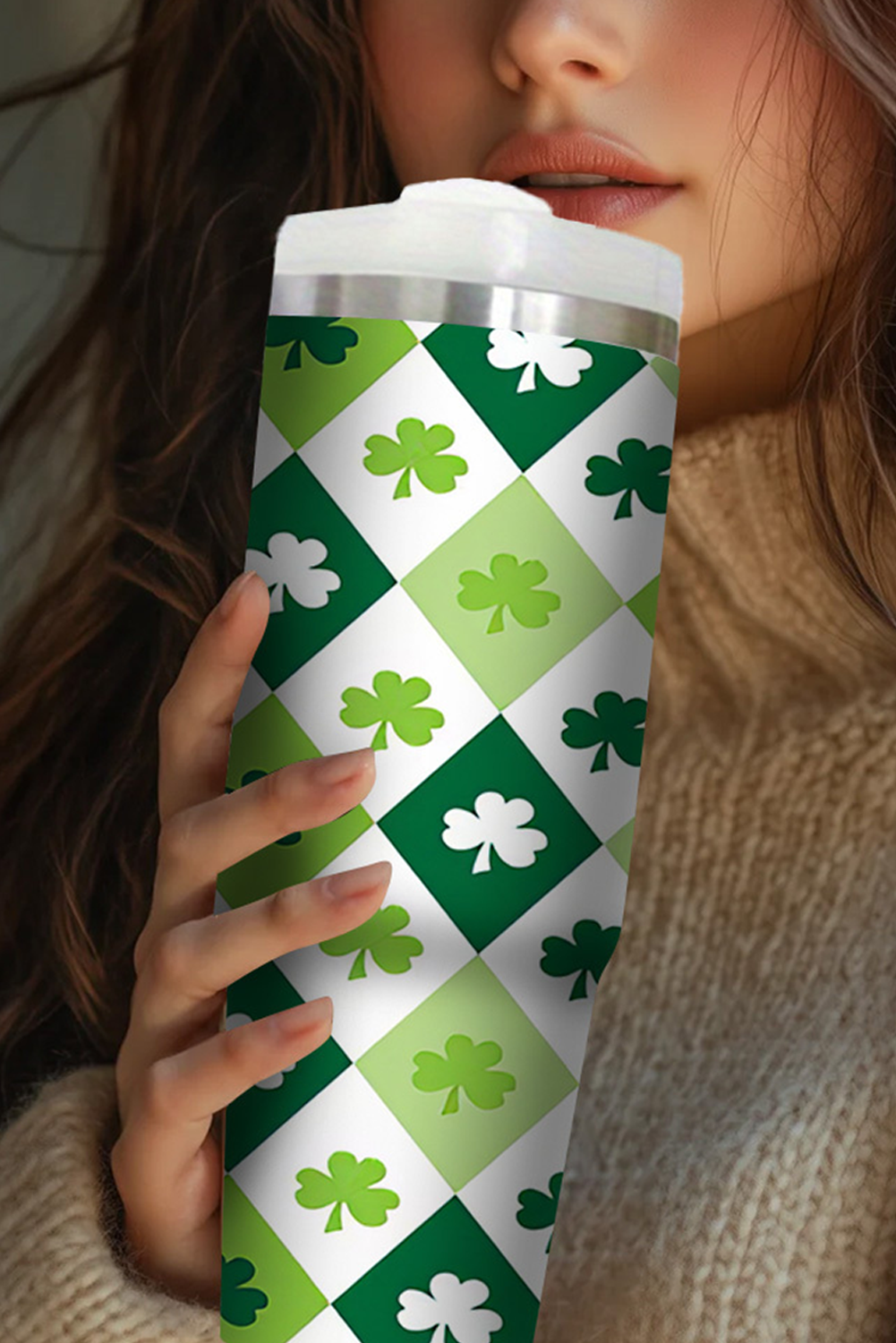 Green St Patricks Day Checkered Clover Tumbler Cup