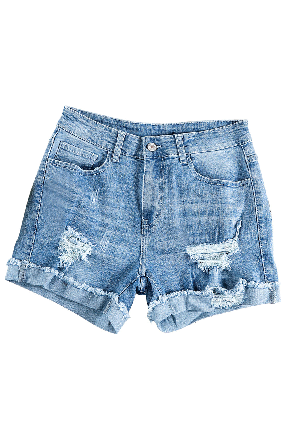 Light Blue Casual Ripped Rolled Hem Denim Shorts