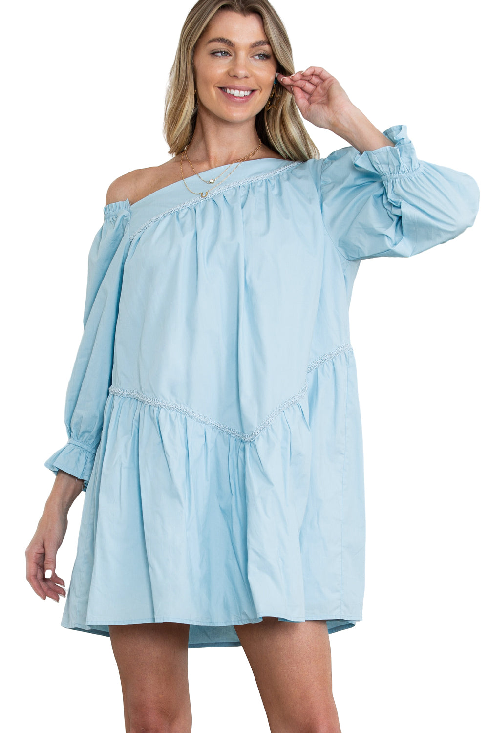 Sky Blue Puff Sleeve Asymmetric Pleated Flowy Mini Dress