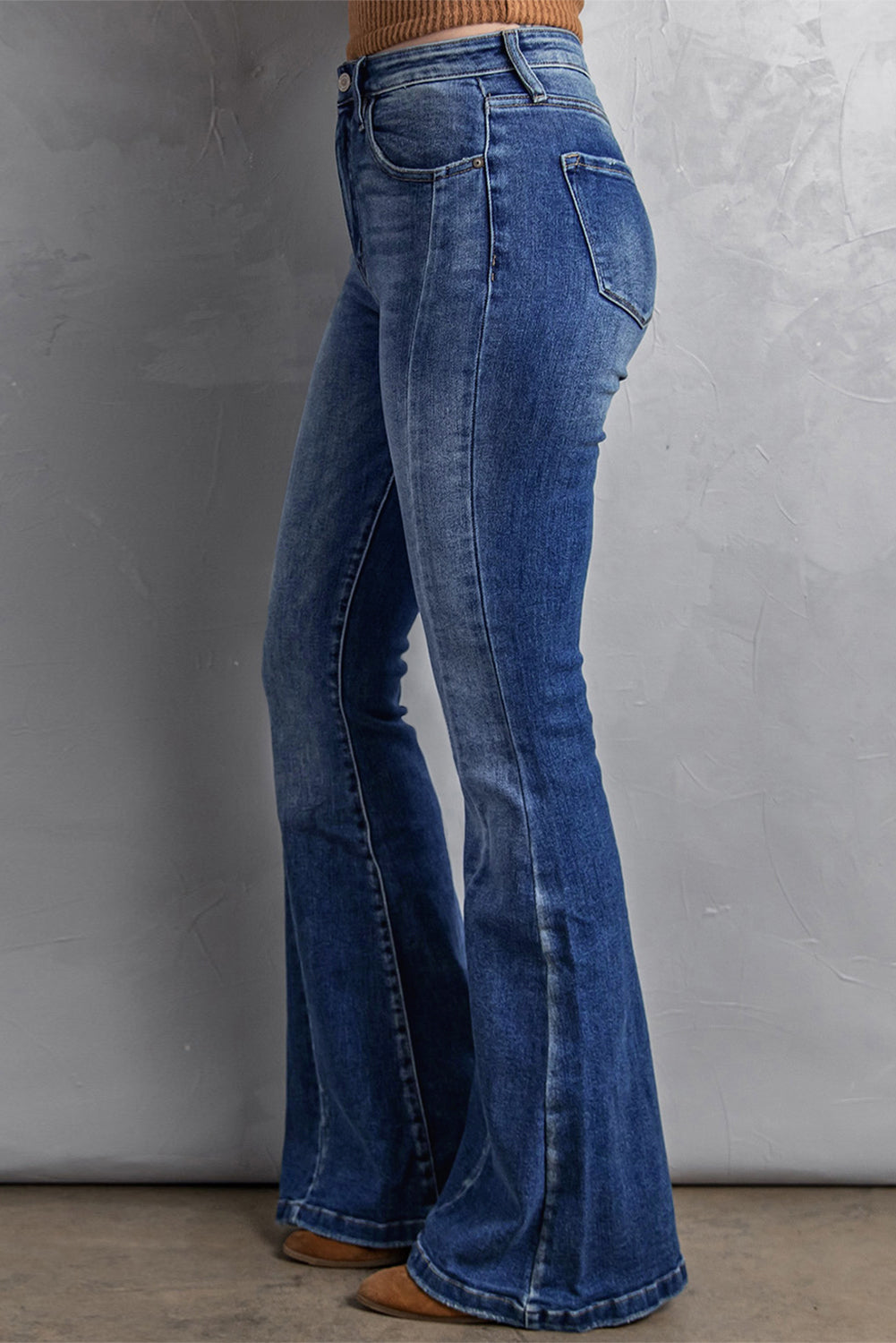 Dark Blue Plus Size Stitching Washed Flare Jeans