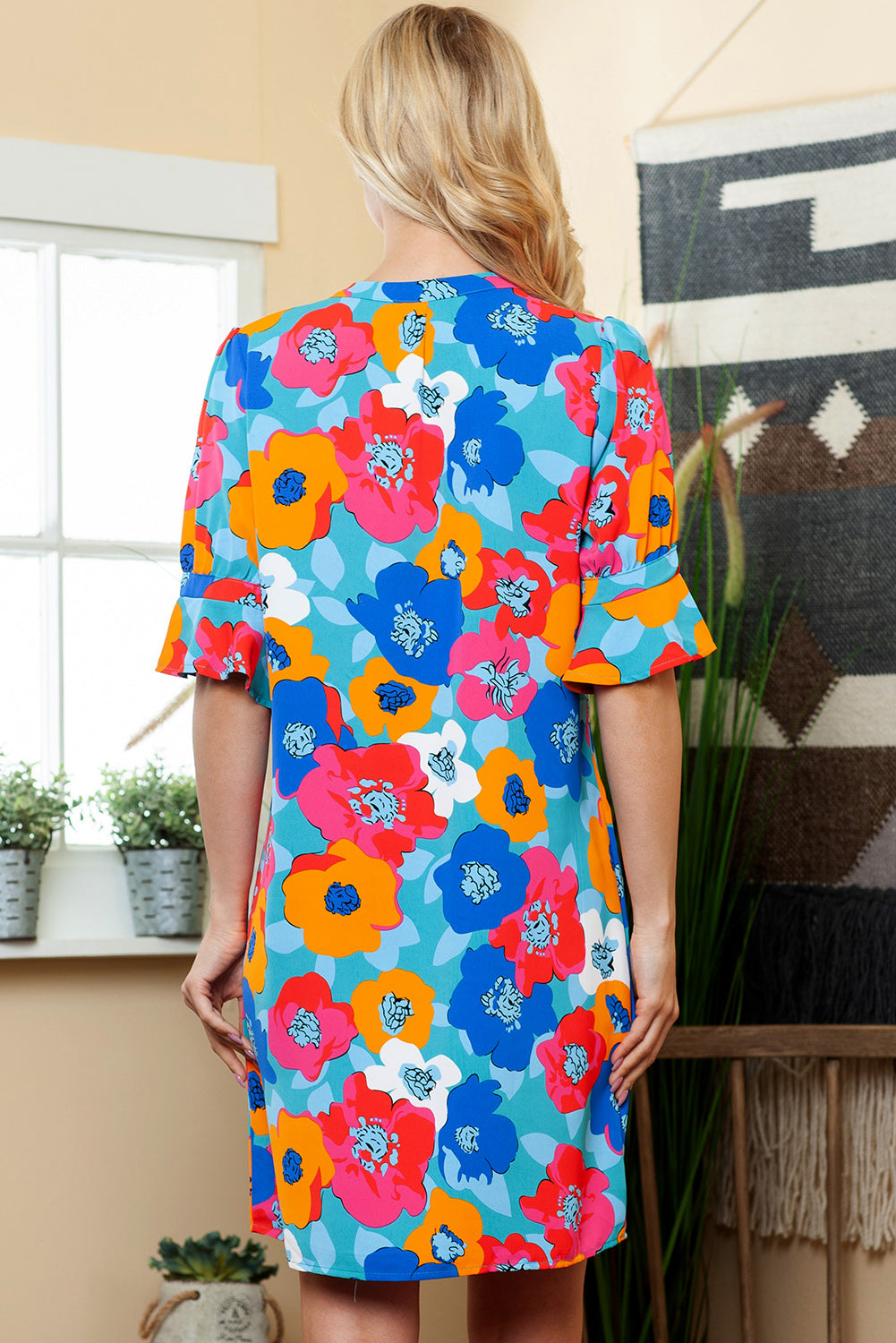 Multicolor Floral Print Mandarin Collar Short Sleeve Tunic Dress